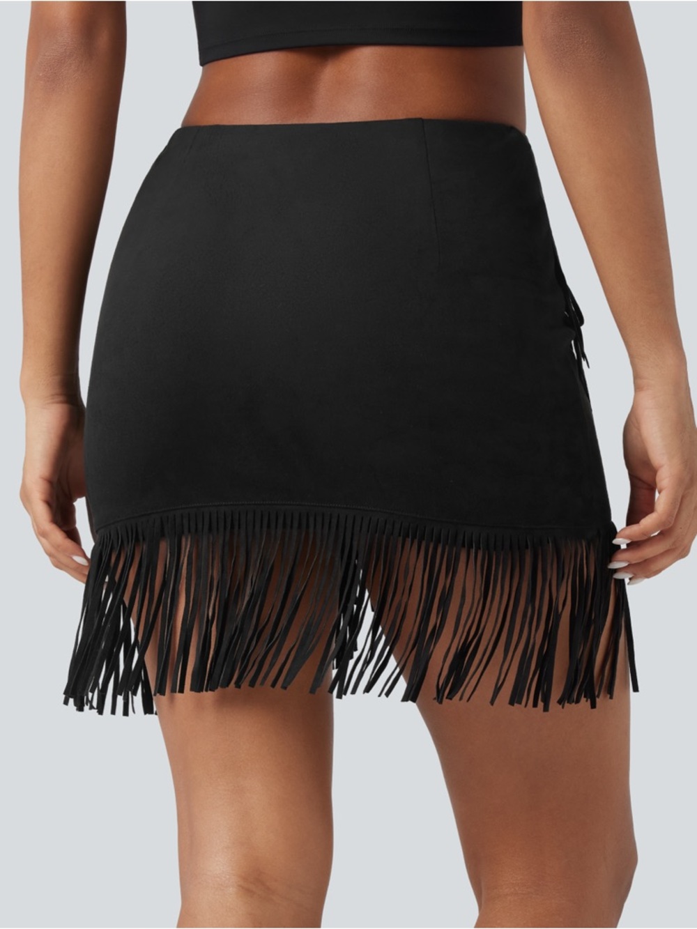 Halara Boho Fringe Skort Faux Suede Mini Skirt 2-in-1 Western Black M - Picture 2 of 7